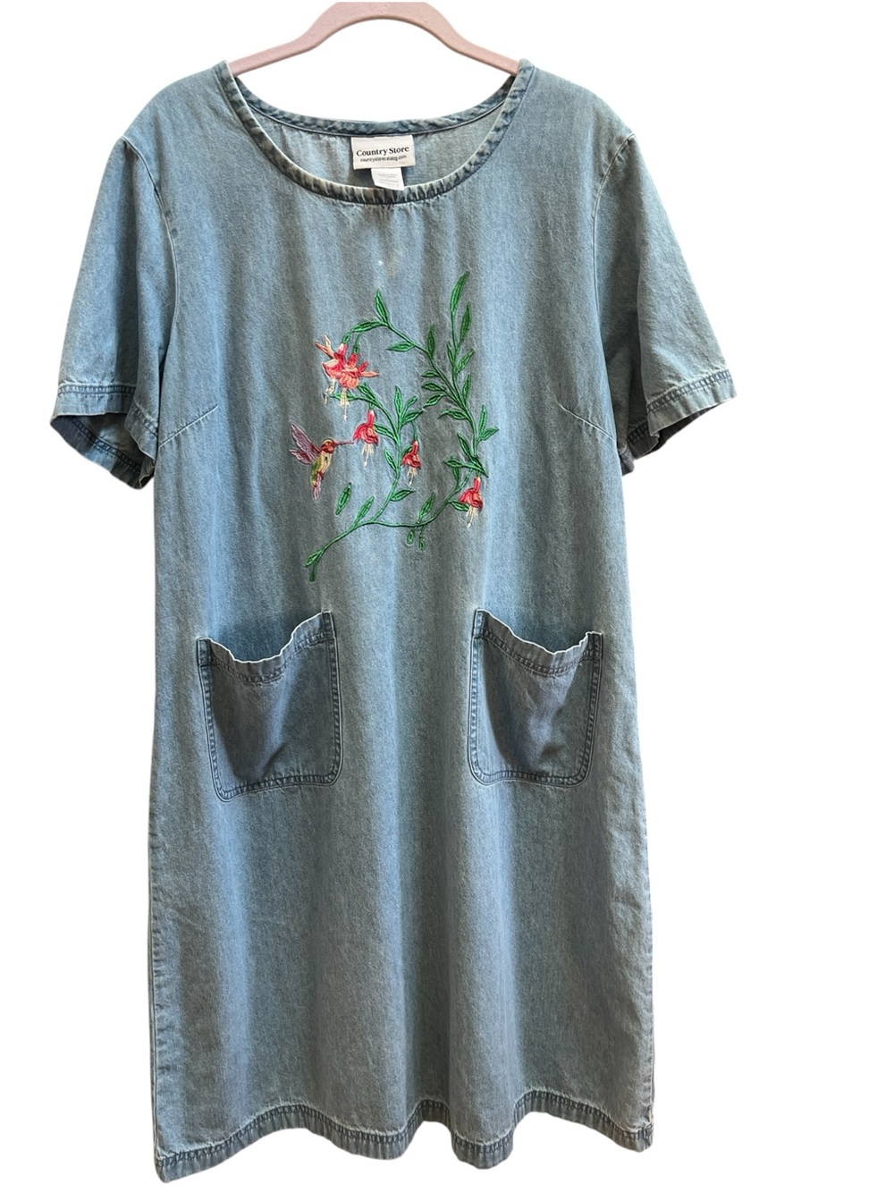 Country Store L Hummingbird Embroidered Denim Dress Cotton Cottagecore Grannycor - Picture 2 of 7